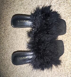 LILIANA Black Faux Fur Trim Square Toe Slip-On Mule Stiletto Heels 8.5